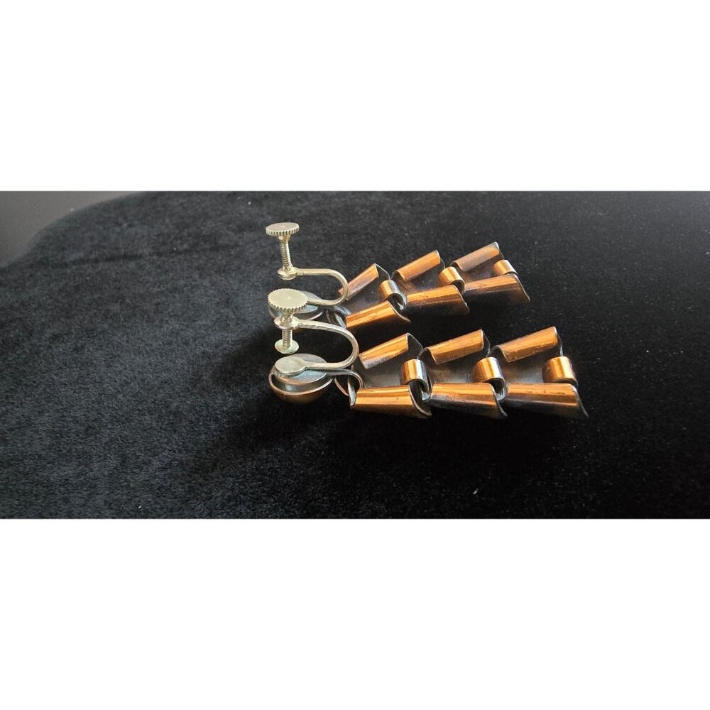 Vintage Copper Dangle Earrings Modernist Geometric Tiered Statement Screw-Back - Picture 5 of 11